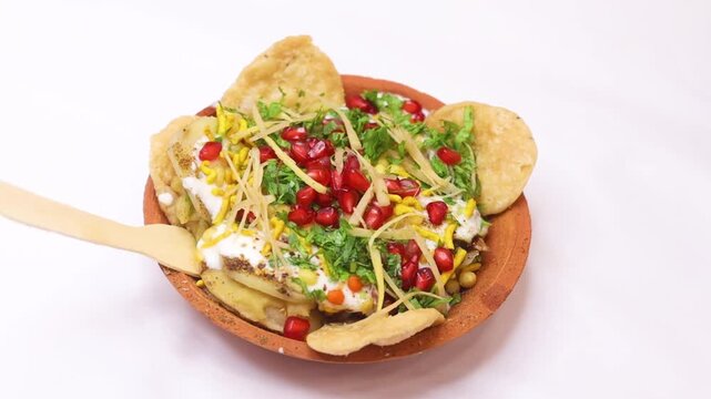 Papdi chaat on white background served in an earthen plate