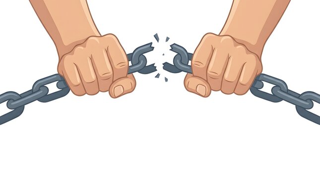 Human hands pulling apart metal chains showing liberation concept illustrated in flat vector style against white background for commercial editorial communication purposes