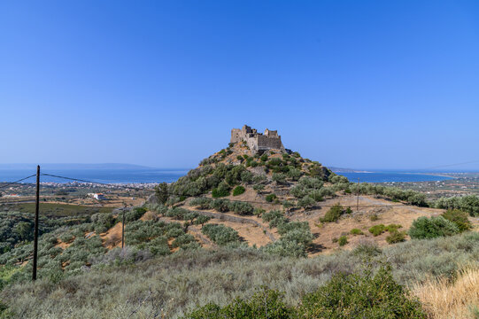 Castle of Agia Paraskevi on its hill above olive terraces with the town of Neapoli and the bay beyond, Laconia, Greece