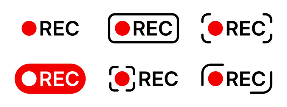 Camera recording icon set, REC labels for video capture.