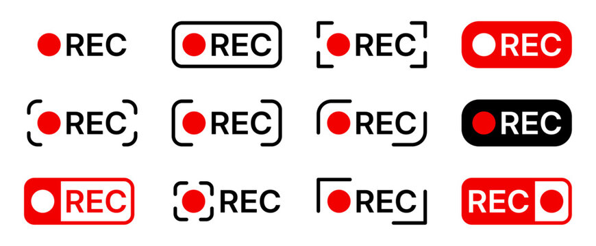 Recording indicator icon set, Red REC buttons and labels for camera interface.
