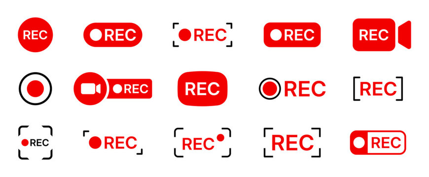 Recording indicator icon set, Red REC buttons and labels for camera interface.