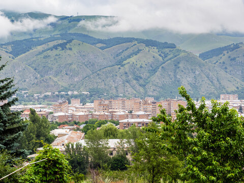 aerial view of Vanadzor city on cloudy morning
