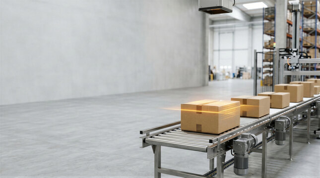 Automated conveyor system transporting cardboard boxes through a modern warehouse with digital scanning technology, logistics, fulfillment, and industrial automation concept