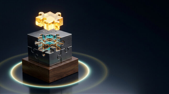 Illuminated metallic puzzle cube with glowing electronic circuitry and floating piece on wooden pedestal. Innovative technology, problem solving, integration and business solution concept