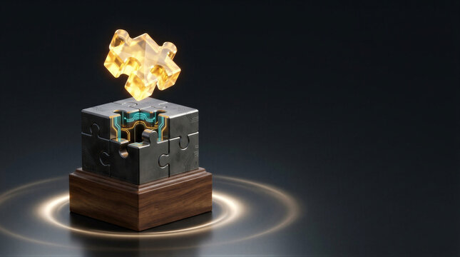 Metallic puzzle cube with glowing circuitry and floating golden puzzle piece. Innovation, technology integration, problem solving, cybersecurity, and business solution concept with copy space