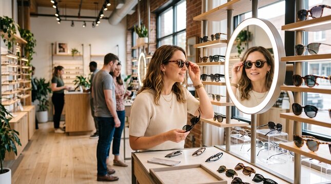Woman tries on sunglasses in a modern optical store with shelves of eyewear and other shoppers
