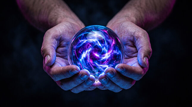 Hands holding glowing crystal ball filled with swirling blue and purple energy currents for magic prediction fantasy and fortune telling concept designs.