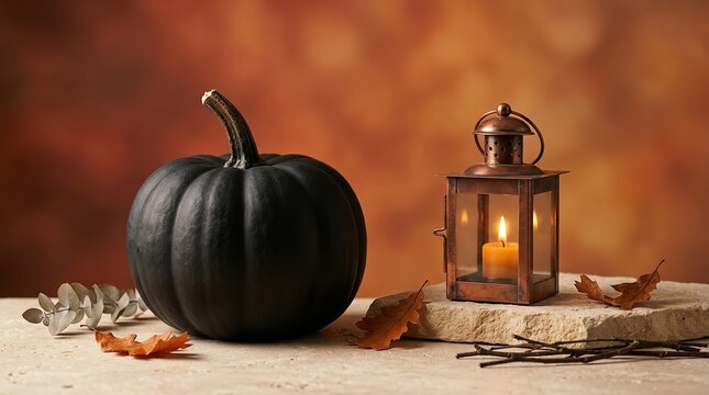 Black pumpkin and glowing lantern on a rustic stone table for autumn with lanterns