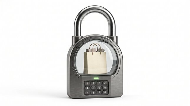 Secure shopping concept with a padlock containing a shopping bag and gift boxes on a white background