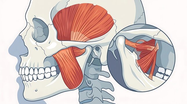 Human skull anatomy showing masticatory muscles and jaw joint