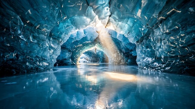 Sunlight glows through a crystalline blue ice cave tunnel