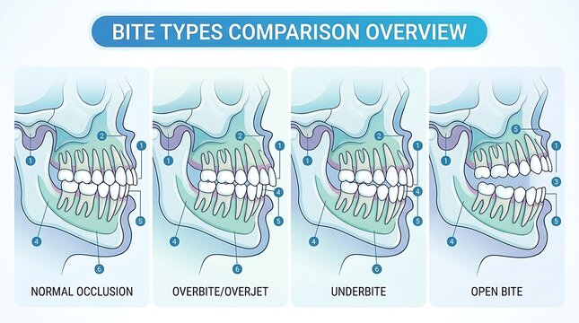 Dental bite types comparison showing normal and malocclusion jaws