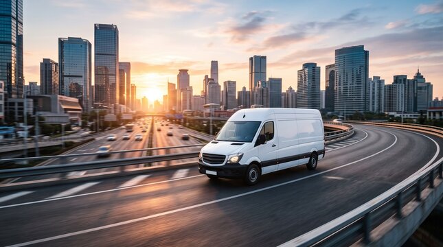 White delivery van driving on a highway towards a modern city skyline at sunset with motion blur