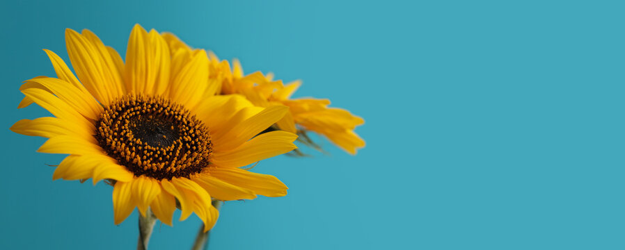 Close-up selective soft focus macro Orange, Yellow small decorative Sunflower flower bud, leaf on light blue horizontal backgrownd