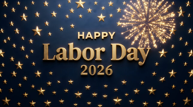Happy labor day 2026 greeting card with golden stars and fireworks on a dark background