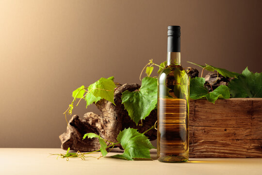 Bottle of white wine with old wood and vine branches.