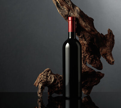 Bottle of red wine on a black reflective background.