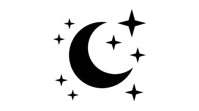 Black crescent moon icon with shiny stars