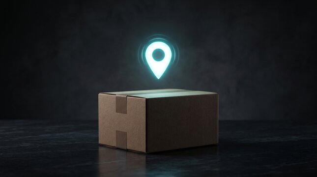 Cardboard shipping box with glowing location pin icon above it on a dark background
