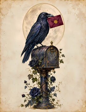 A raven holding a letter in its beak, perched on an antique mailbox decorated with dark roses, under a full moon