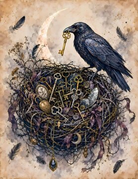 A raven perched on a nest filled with antique keys and trinkets, holding a golden key in its beak, under a crescent moon