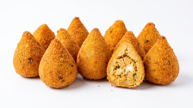 Delicious golden brown fried chicken croquettes with creamy filling displayed on a white background