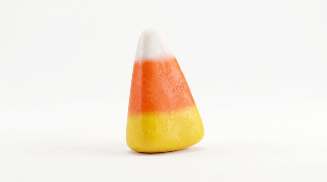 A single candy corn piece with distinct yellow orange and white layers isolated on a white background