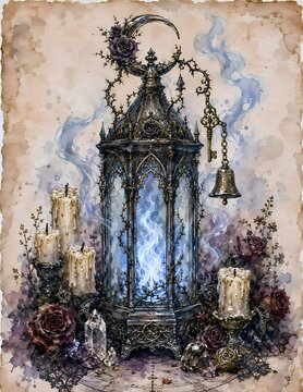 An ornate gothic lantern with a mystical blue glow and wisps of smoke, surrounded by candles and dark roses, evokes a sense of dark fantasy and mystery