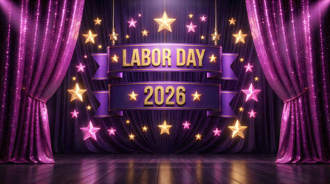 Labor day 2026 celebration sign with gold stars and purple stage curtains for holiday events