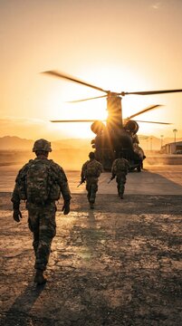military soldiers walk, chinook helicopter sunset, soldiers in camouflage, sunset military mission, armed forces deployment, helicopter on ground, soldiers carrying rifles, desert military base