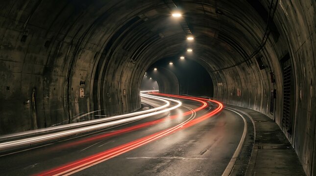 Long exposure light trails from vehicle taillights moving through a dark concrete road tunnel