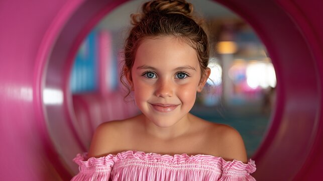 A smiling young girl with curly hair in a pink off-shoulder top sits inside a colorful tunnel, warmly lit with vibrant background hues.