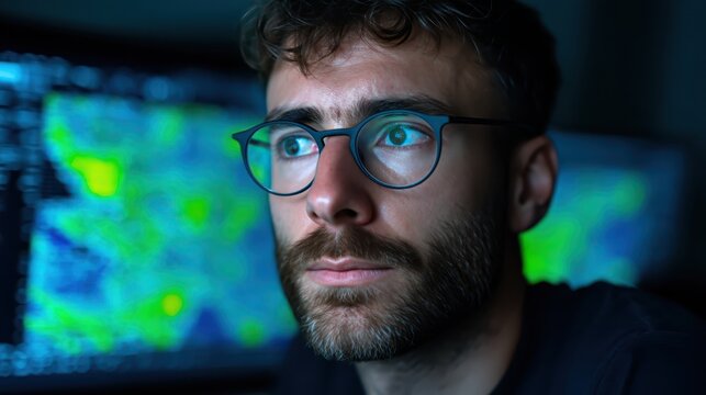 A focused man with glasses analyzes data on a digital screen displaying colorful maps and charts in a dimly lit room.