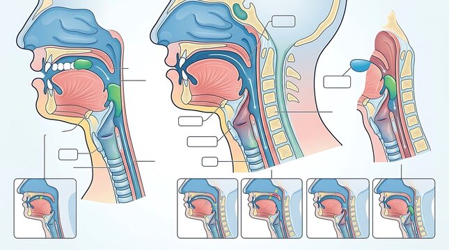 Anatomical diagram showing stages of human swallowing process