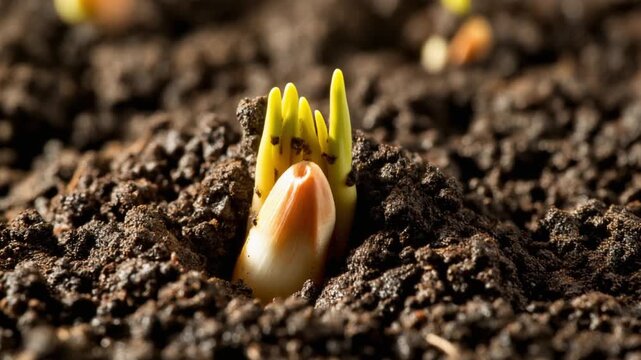 Macro shot of a single seed planted in dark fertile soil for agriculture and growth concept