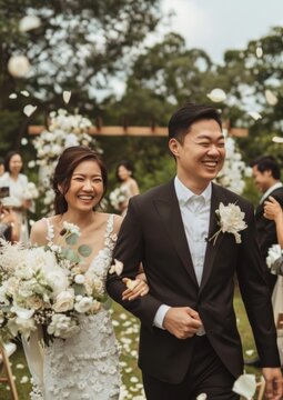 Happy Southeast Asian couple wedding dress suit.