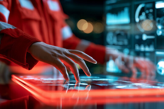 Person interacts with a digital display in a control room during a night shift