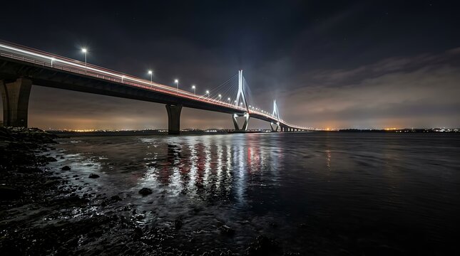 A cable stayed bridge at night with long exposure light trails from moving vehicle traffic