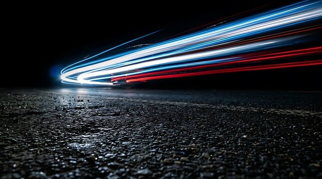 Blurred light trails from moving vehicles passing over dark wet asphalt road at night time