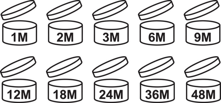 Set of pao symbols with open cosmetic jar and expiration time periods in months from 1 m to 48 m in black outline style