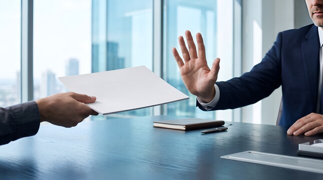 Businessman rejecting documents with hand gesture in office