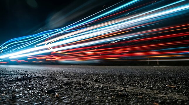 Blurred light trails from moving vehicles on an asphalt road at night in low angle view