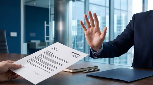 Businessperson rejecting document with hand gesture in office