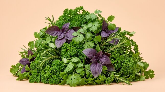 Fresh Mixed Culinary Herbs Pile on Beige Background.