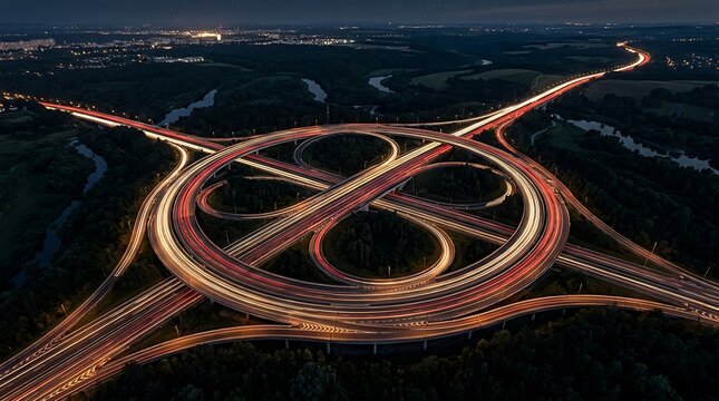 Aerial view of a large circular highway interchange with long exposure vehicle light trails at night