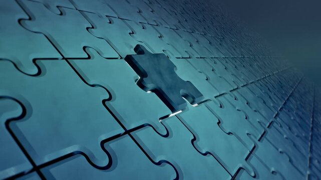 Missing Puzzle Piece Slotting into Angled Blue Jigsaw Wall