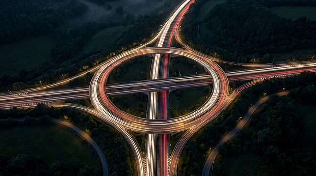 Aerial view of a highway interchange with light trails from moving vehicles at night with long exposure