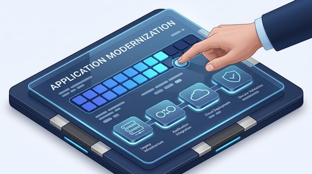 Business hand presses button on application modernization interface