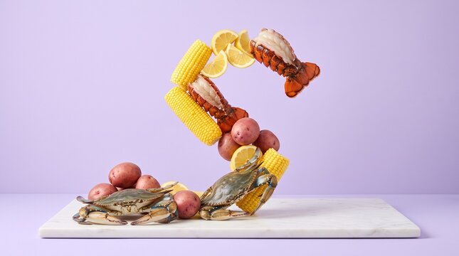 Creative seafood and vegetable arrangement forming the letter S on purple background.